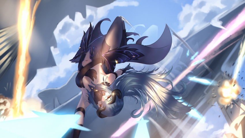 1girl, absurdres, blue_hair, breasts, cleavage, demon_girl, demon_horns, explosion