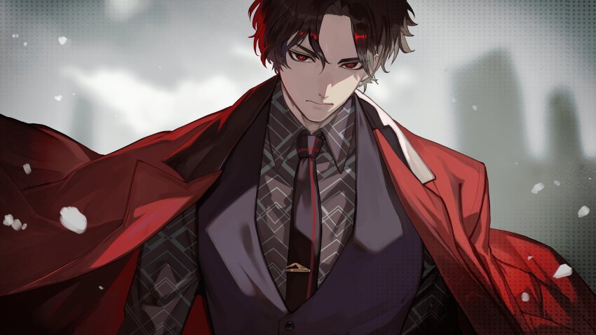 1boy, black_hair, black_necktie, black_shirt, black_vest, blurry, blurry_background, break_my_case, building, closed_mouth, cloud, coat, coat_on_shoulders, collared_shirt, falling_petals, grey_sky, highres, kosaka_ai, lack, long_sleeves, male_focus, necktie, parted_bangs, patterned_clothing, petals, red_coat, red_eyes, serious, shirt, sky, solo, tie_clip, upper_body, v-shaped_eyebrows, vest