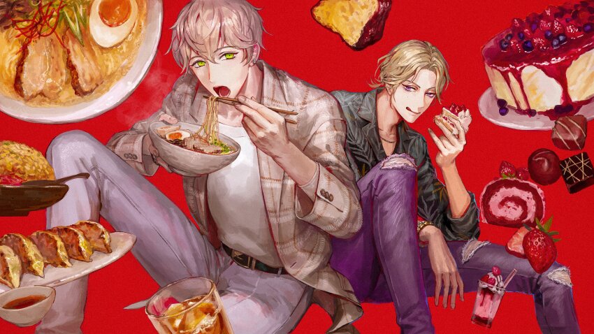 2boys, :q, absurdres, belt, belt_buckle, black_belt, black_shirt, blazer, blonde_hair, blueberry, bowl, break_my_case, brown_jacket, buckle, cake, cake_slice, canele, char_siu, cheesecake, chocolate, chopped_spring_onion, chopsticks, collarbone, crew_neck, cuff_links, cup, drinking_glass, dumpling, eating, egawa_akira, feet_out_of_frame, food, fried_rice, fruit, green_eyes, grey_pants, hair_between_eyes, highres, holding, holding_bowl, holding_chopsticks, holding_food, ice, ice_cream, ice_cube, iced_tea, jacket, jewelry, jiaozi, knee_up, lapels, light_brown_hair, long_sleeves, male_focus, mole, mole_under_eye, multiple_boys, necklace, noodles, notched_lapels, open_clothes, open_jacket, open_mouth, pants, parted_bangs, plaid_clothes, plaid_jacket, plate, purple_eyes, purple_pants, ramen, rare_cheesecake, red_background, roka_suoh, shirt, shirt_tucked_in, simple_background, sitting, softboiled_egg, soy_sauce, strawberry, strawberry_shortcake, strawberry_syrup, sundae, swiss_roll, tongue, tongue_out, torn_clothes, torn_pants, watch, whipped_cream, white_shirt, wing_collar, wristwatch, yuzuru_kise