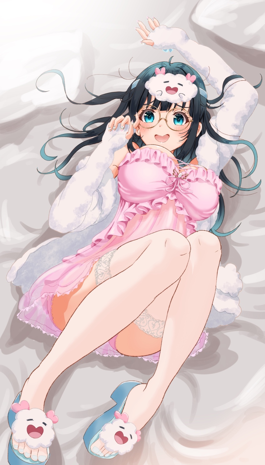 1girl, absurdres, ahoge, amano_nene_(pajamas)_(vtuber), amano_nene_(vtuber), aqua_eyes, arm_up, bed_sheet, black_hair, bloomers, blush, breasts, character_mask, claw_pose, cloudtomo_(amano_nene), commission, frilled_nightgown, full_body, fur_jacket, glasses, gloved_sleeves, highres, jacket, lace, lace-trimmed_thighhighs, lace_trim, large_breasts, lingmu, long_hair, looking_at_viewer, lying, mask, mask_on_head, nail_art, nail_polish, nightgown, official_alternate_costume, on_back, open_mouth, pink_bloomers, pink_nightgown, production_kawaii, round_eyewear, sandals, see-through_clothes, see-through_legwear, see-through_nightgown, see-through_thighhighs, skeb_commission, sleep_mask, sleepwear, solo, thighhighs, toenail_polish, toenails, underwear, virtual_youtuber, white_jacket, white_thighhighs