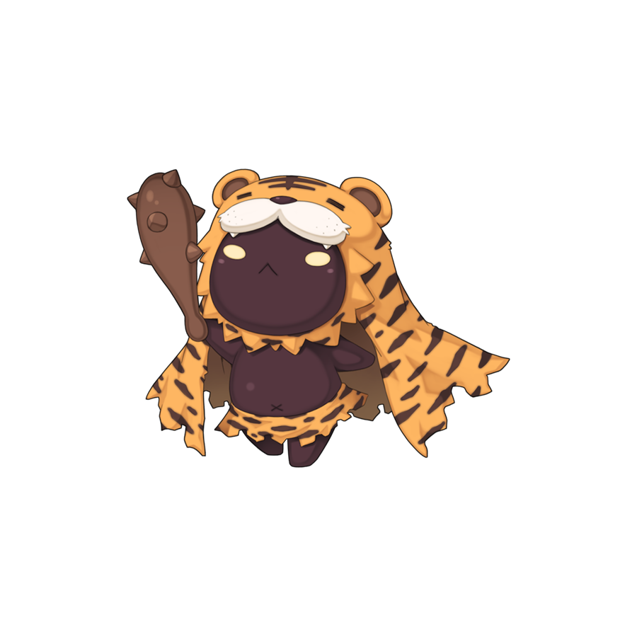 :<, animal_costume, animal_print, chibi, chibi_only, closed_mouth, club, club_(weapon), dark_skin, full_body, holding, holding_club, holding_weapon, jing_guai, no_humans, official_art, ragnarok_online, simple_background, solo, spiked_club, tiger_costume, tiger_print, transparent_background, very_dark_skin, weapon, x_navel, yuichirou