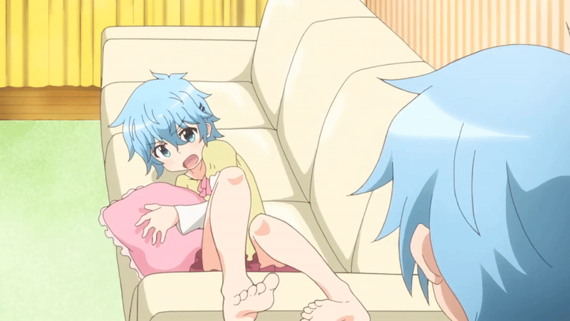 1boy, 1girl, angry, animated, animated_gif, annoyed, barefoot, blue_eyes, blue_hair, couch, feet, sansha_san'you, siblings, soles, toes, tossing, tsuji_hajime, tsuji_sasame