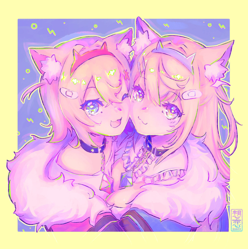 2girls, :3, animal_ear_fluff, animal_ears, bandaid, bandaid_hair_ornament, blonde_hair, blue_hairband
