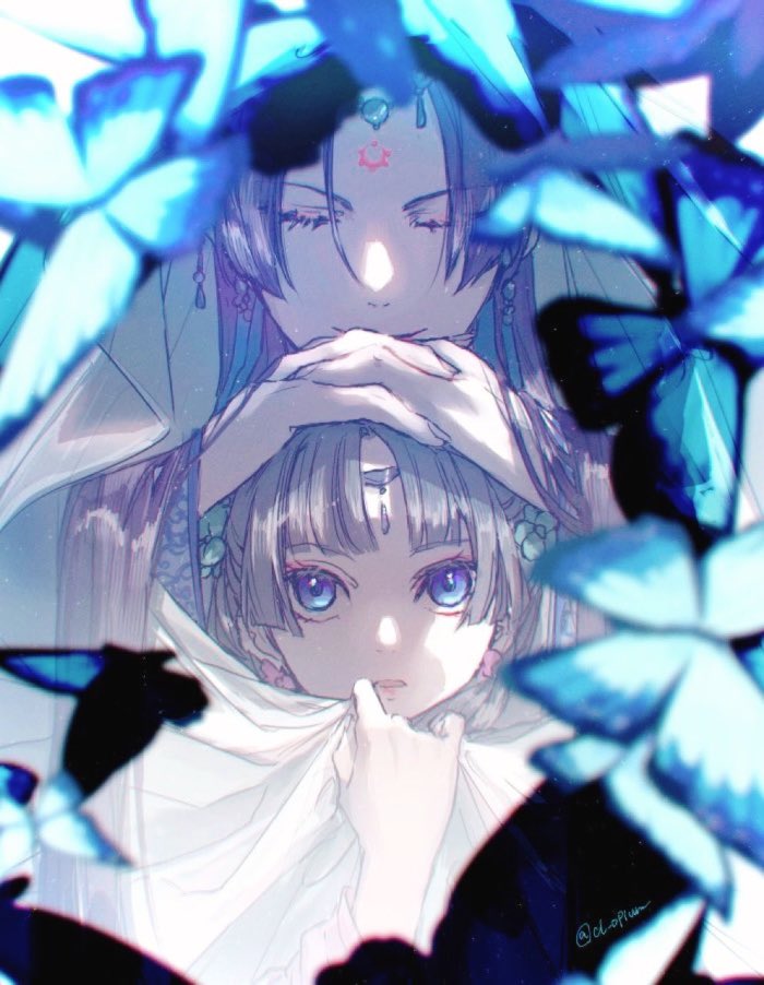 1boy, 1girl, androgynous, blue_butterfly, blue_eyes, blunt_bangs, blurry, bug