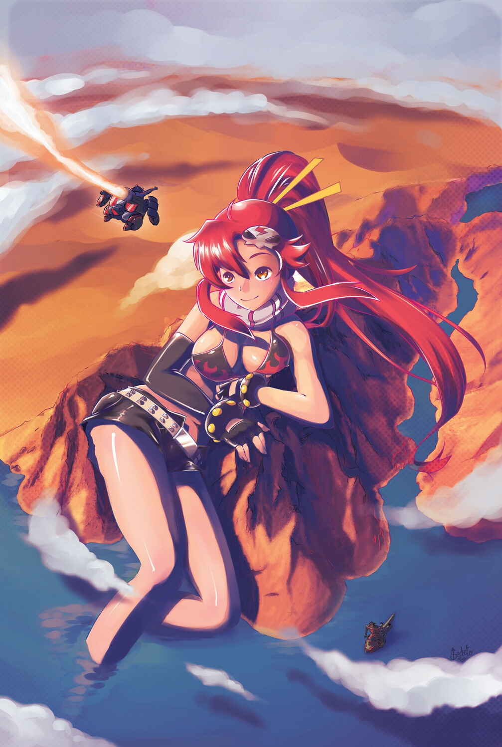 1girl, belt, black_gloves, black_shorts, bra, breasts, brown_eyes, flame_print