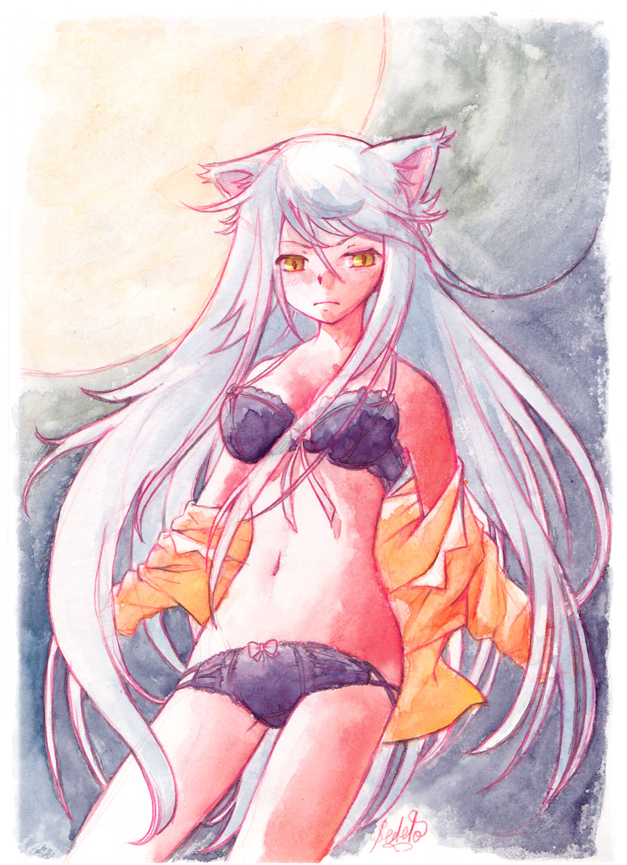 animal_ears, bakemonogatari, black_bra, black_hanekawa, black_panties, bow, bow_panties, bra