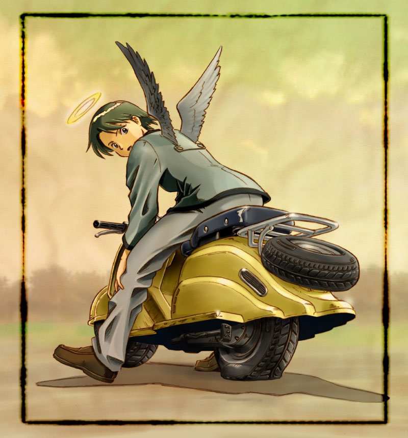 1girl, aaru_sentou_shuudan, androgynous, angel, brown_footwear, flat_tire, haibane_renmei, halo, kana_(haibane_renmei), lambretta, looking_back, motor_vehicle, on_scooter, open_mouth, reverse_trap, scooter, solo, spare_tire, traditional_halo, unused_tire, wings, wings_through_clothes