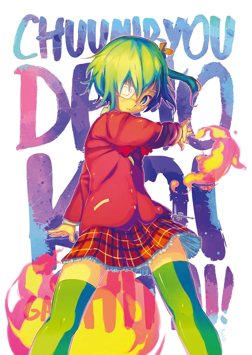 1girl, blue_eyes, bow, chuunibyou_demo_koi_ga_shitai!, closed_mouth, copyright_name, eyepatch, fire