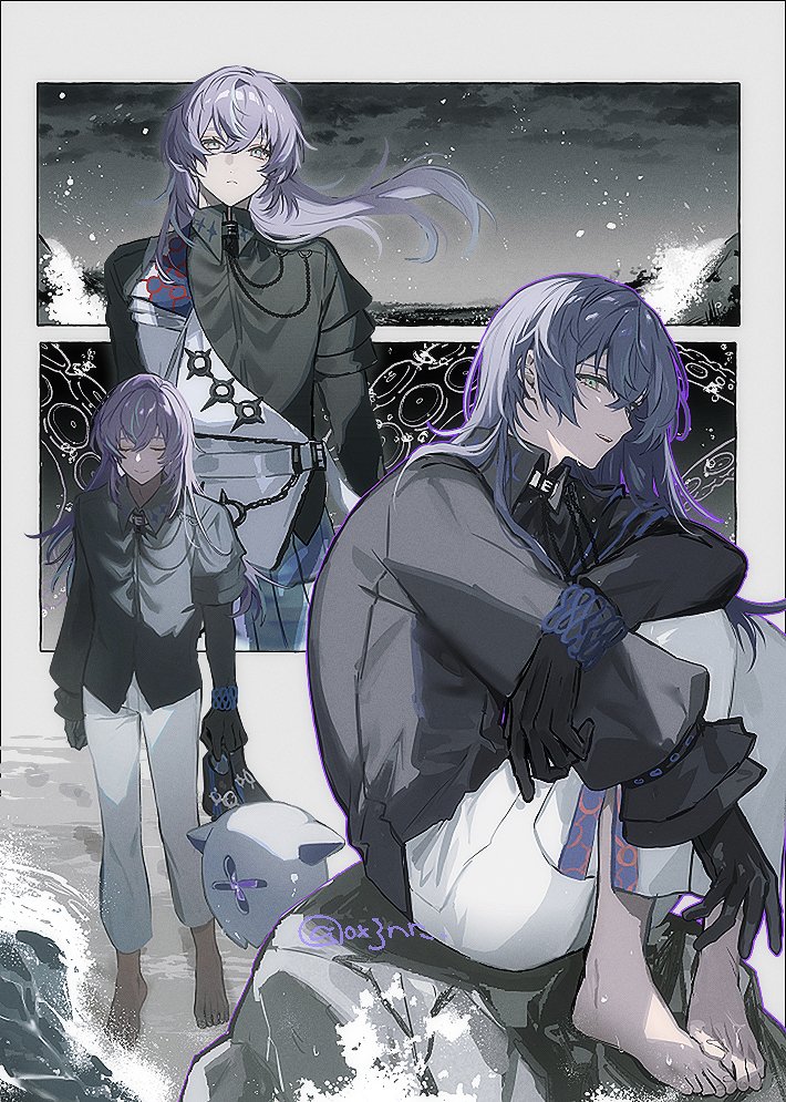 0x3nr, 1boy, :<, barefoot, beach, belt_collar, black_collar, black_gloves, black_shirt, blue_hair, boots, border, closed_eyes, closed_mouth, cloud, collar, collared_shirt, cowboy_shot, creature, floating_hair, frilled_sleeves, frills, full_body, gloves, green_eyes, hair_between_eyes, holding, holding_boots, holding_footwear, holding_unworn_clothes, hoshirube_sho, hoshirube_sho_(1st_costume), jacket, knees_up, long_hair, long_sleeves, looking_at_viewer, male_focus, multicolored_hair, multiple_views, night, nijisanji, no_socks, on_rock, outside_border, pants, parted_lips, profile, purple_hair, shirt, sideways_glance, single_sleeve, sitting, sleeveless, sleeveless_jacket, smile, standing, streaked_hair, tentacles, untucked_shirt, unworn_boots, virtual_youtuber, white_border, white_jacket, white_pants, wind