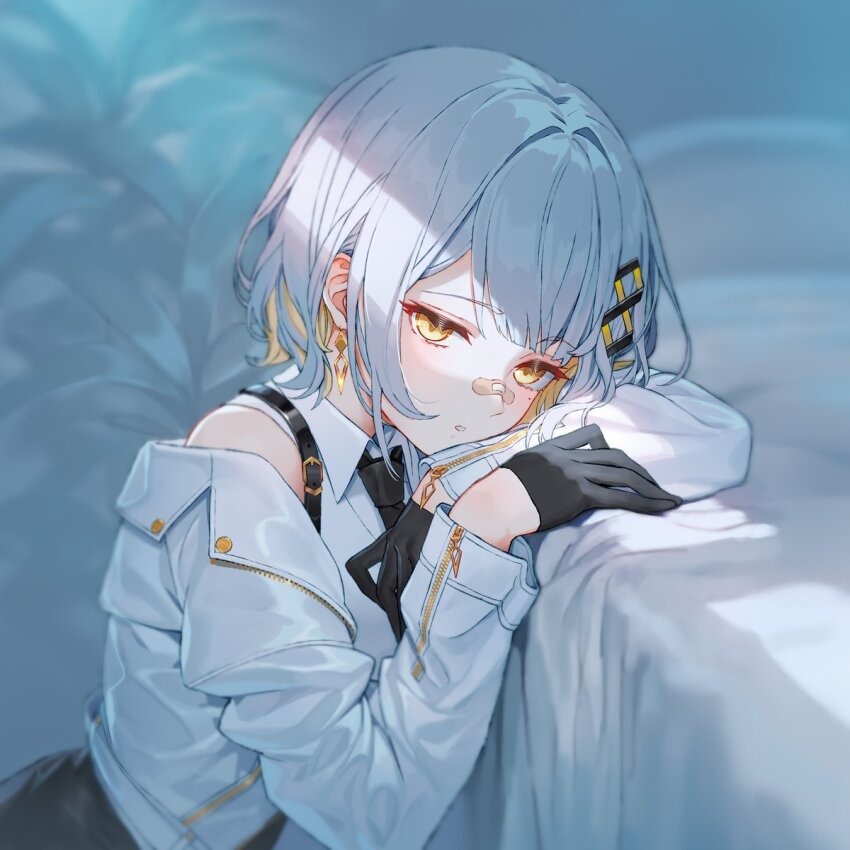 1girl, against_bed, bandaid, bandaid_on_face, bandaid_on_nose, bed, black_gloves, black_necktie