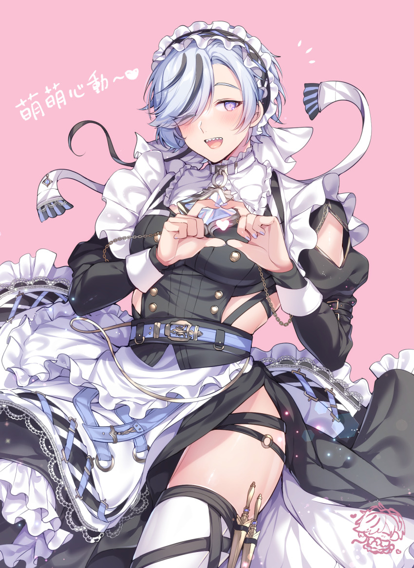 1boy, ;d, apron, arm_cutout, belt, black_dress, black_hair, blade_(lovable_enforcer)_(nu_carnival)