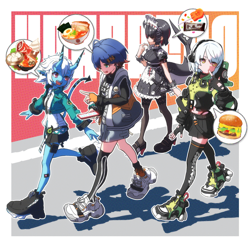 4girls, anby_demara, belle_(zenless_zone_zero), blue_skin, boots, bowl, burger, candy