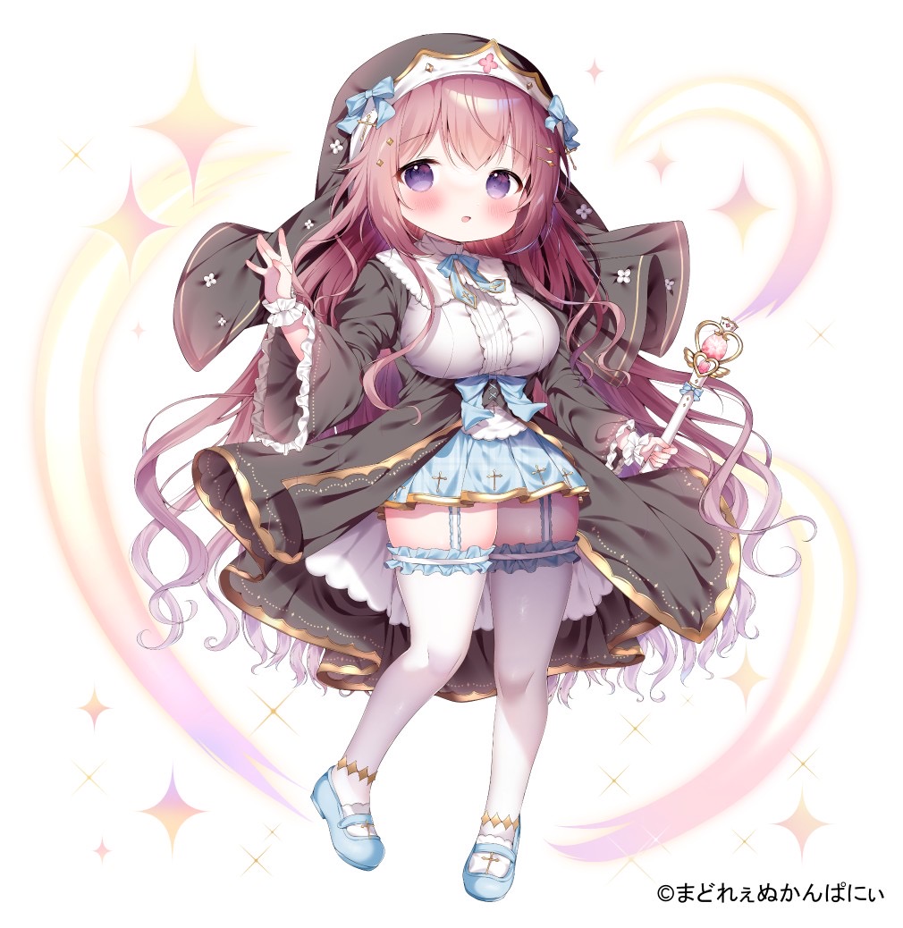 1girl, :o, bell_sleeves, black_dress, blue_ribbon, blue_shoes, blue_skirt, blush, breasts, copyright_notice, cross, cross_print, double-parted_bangs, dress, frilled_thighhighs, frills, full_body, garter_straps, habit, hand_up, high-low_dress, high-low_skirt, holding, holding_scepter, lily_ange, long_hair, long_sleeves, looking_at_viewer, mary_janes, miniskirt, neck_ribbon, nun, nun_headdress, official_art, oppai_loli, overskirt, pink_hair, purple_eyes, ribbon, scepter, shirt, shoes, skirt, solo, sparkle, thighhighs, thighs, tsukimi_mumi, wavy_hair, white_background, white_shirt, white_thighhighs, wrist_cuffs