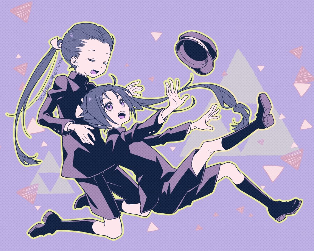 2boys, :d, ahoge, arms_up, ben-day_dots, black_footwear, black_hair, black_shorts