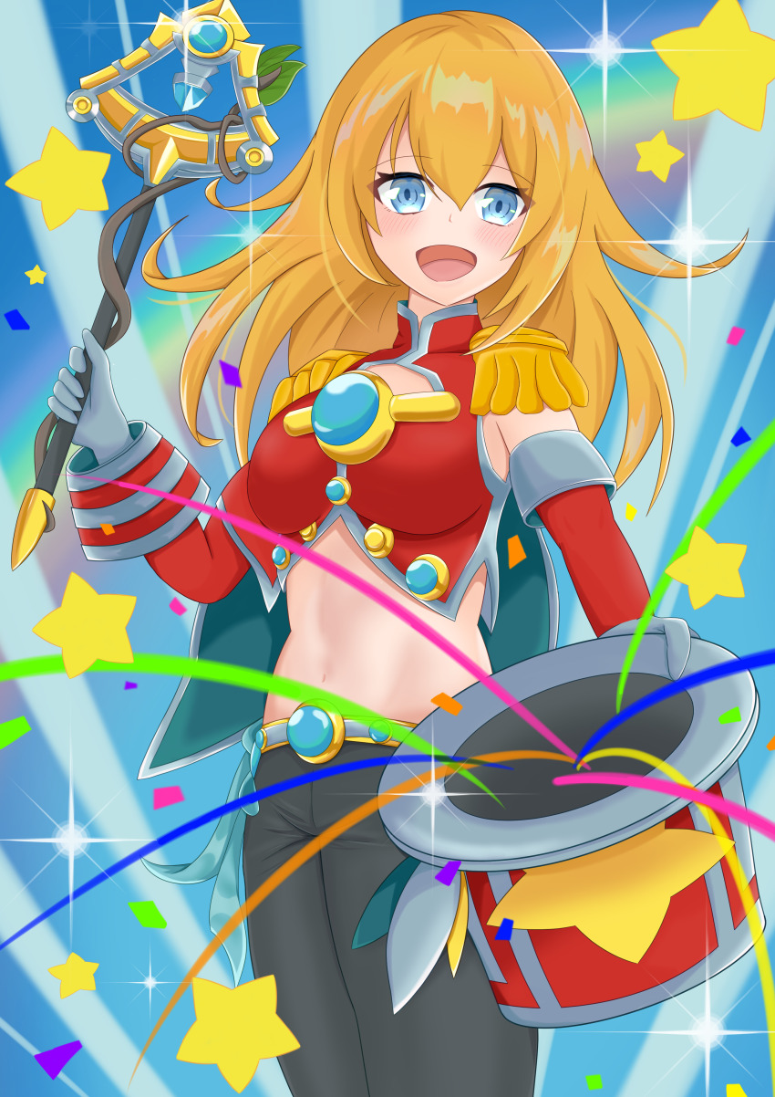 1girl, absurdres, asymmetrical_sleeves, black_pants, blonde_hair, blue_eyes, detached_sleeves, duel_monster, hat, highres, holding, holding_unworn_clothes, holding_unworn_hat, holding_wand, j-bon_cakusa, long_hair, looking_at_viewer, midriff, navel, pants, pendulum_witch, red_shirt, ribbon, shirt, smile, star_(symbol), top_hat, unworn_hat, unworn_headwear, wand, yu-gi-oh!