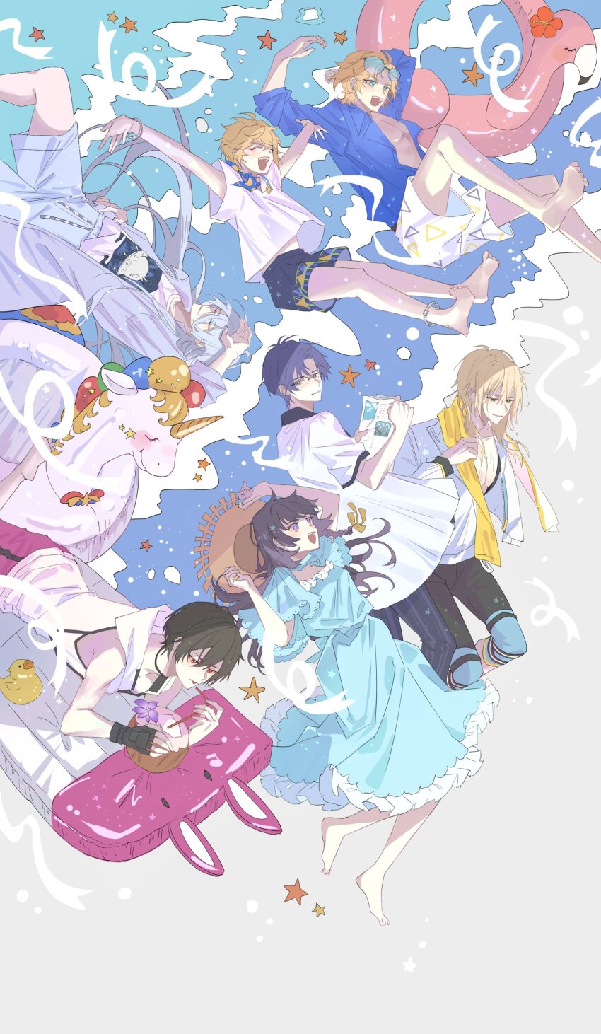 1girl, 6+boys, :d, ^_^, absurdres, alkaid_mcgrath, alkaid_mcgrath_(azure_island), anklet, aqua_eyes, arms_up, ayn_alwyn, ayn_alwyn_(azure_island), bare_arms, barefoot, black_choker, black_gloves, black_hair, black_pants, black_shirt, black_shorts, blonde_hair, blue-tinted_eyewear, blue_coat, blue_dress, blue_hair, blue_scarf, blue_shirt, blue_shorts, bodysuit, bracelet, braid, cael_anselm, cael_anselm_(azure_island), choker, clarence_clayden, clarence_clayden_(azure_island), closed_eyes, closed_mouth, clyde_(lovebrush_chronicles), coat, coconut, collared_shirt, curtained_hair, dark_blue_hair, diving_suit, dress, drinking_straw, eyewear_on_head, feet_out_of_frame, fingerless_gloves, frilled_dress, frills, full_body, gloves, green_eyes, grey_background, grey_hair, hair_between_eyes, hair_ribbon, hand_on_own_hip, hat, heroine_(lovebrush_chronicles), highres, holding, holding_paper, hood, hood_down, hooded_jacket, inflatable_flamingo, inflatable_rabbit, inflatable_toy, inflatable_unicorn, innertube, jacket, jewelry, jumping, lars_rorschach, lars_rorschach_(azure_island), long_bangs, long_hair, long_sleeves, looking_ahead, looking_at_another, looking_to_the_side, lovebrush_chronicles, lying, mabataki_hikari, male_swimwear, medium_hair, midriff_peek, mole, mole_under_eye, multiple_boys, ocean, official_alternate_costume, on_back, on_stomach, open_clothes, open_coat, open_mouth, open_shirt, pants, paper, parted_bangs, parted_lips, partially_unzipped, pectoral_cleavage, pectorals, pink_shorts, print_shirt, purple_eyes, red_eyes, ribbon, rubber_duck, scarf, shirt, short_hair, short_sleeves, shorts, side_braid, single_glove, sleeveless, sleeveless_jacket, smile, starfish, straw_hat, striped_clothes, striped_pants, sun_hat, sundress, sunglasses, swim_ring, t-shirt, teeth, the_pose, tinted_eyewear, tongue, tongue_out, towel, towel_around_neck, ufo_print, upper_teeth_only, wetsuit, white_jacket, white_shirt, white_shorts, yellow_ribbon, zipper