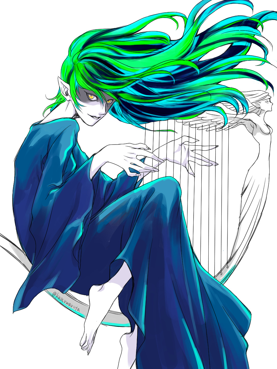 1girl, barefoot, blue_dress, colored_skin, commentary_request, demon_(megami_tensei), devil_summoner_(series), dress