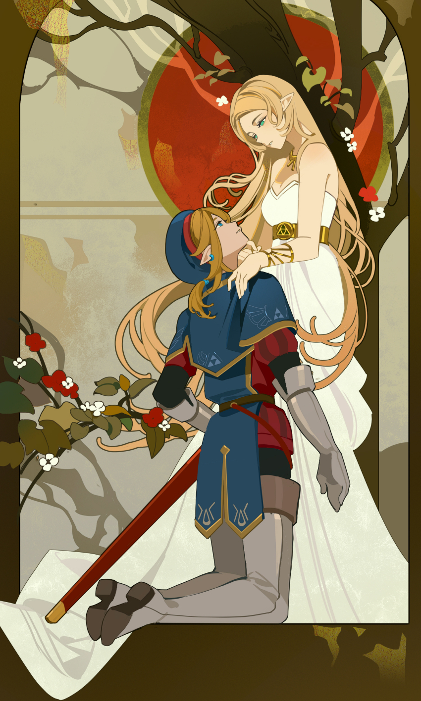 1boy, 1girl, absurdres, belt, blonde_hair, blue_eyes, blue_hat, blue_tunic