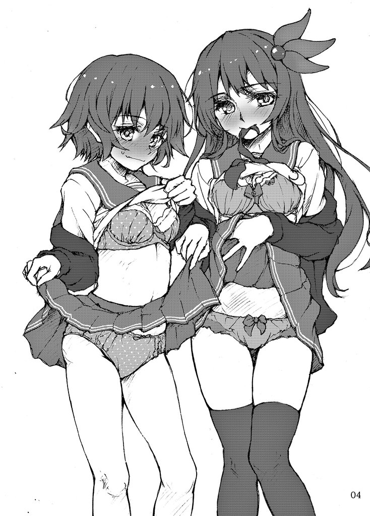 2girls, arimura_yuu, blush, bra, clothes_lift, greyscale, hair_ornament, jacket, kantai_collection, kisaragi_(kancolle), kisaragi_kai_ni_(kancolle), long_hair, monochrome, mouth_hold, multiple_girls, mutsuki_(kancolle), mutsuki_kai_ni_(kancolle), nose_blush, panties, pleated_skirt, polka_dot, polka_dot_bra, polka_dot_panties, sailor_collar, sailor_shirt, school_uniform, serafuku, shirt, shirt_lift, short_hair, skirt, skirt_lift, standing, thighhighs, underwear