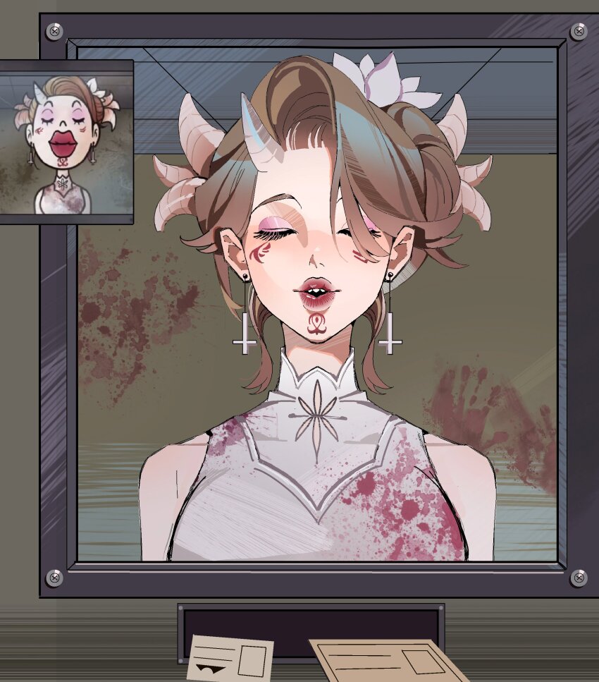 1girl, absurdres, blood, blood_on_clothes, brown_hair, closed_eyes, cross, cross_earrings