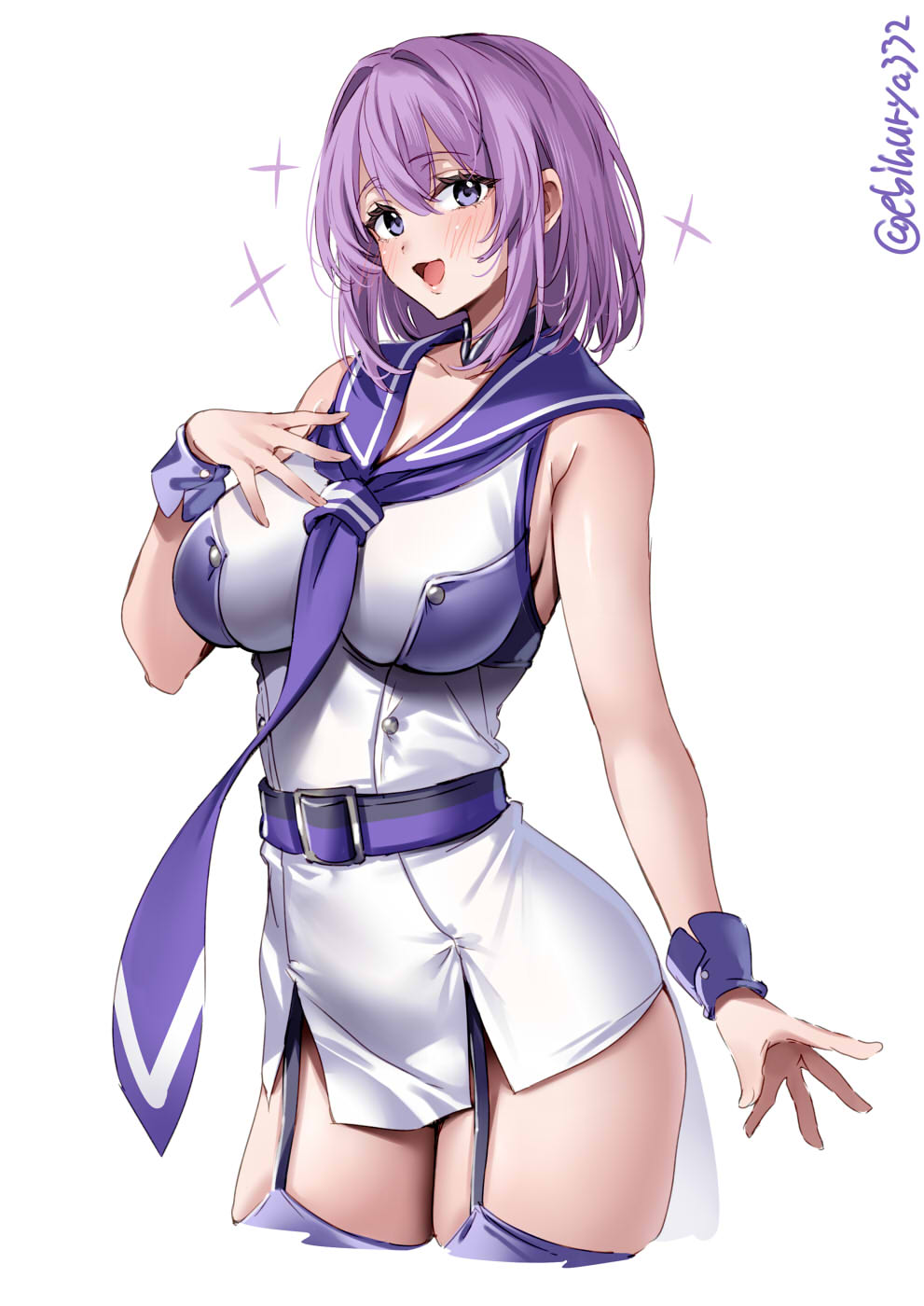 1girl, :d, belt, blue_eyes, blush, breasts, cleavage, cropped_legs