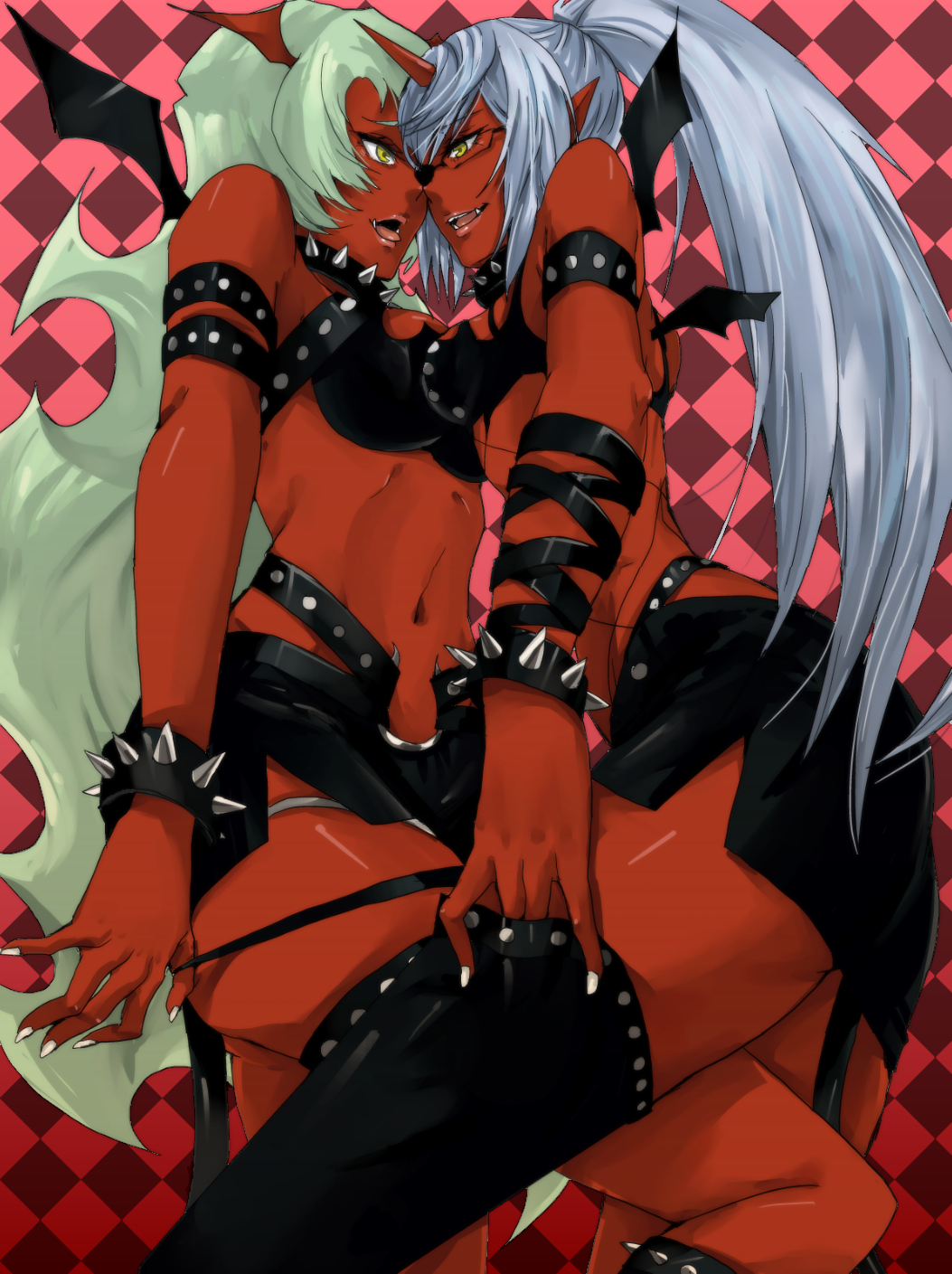 10s, 2girls, ambrosia, armband, armpits, bad_id, bad_pixiv_id, black_wings, blue_hair, colored_skin, demon_girl, demon_horns, demon_wings, fang, glasses, green_eyes, green_hair, highres, horns, incest, kneesocks_(psg), long_hair, midriff, multiple_girls, navel, open_mouth, panty_&amp;_stocking_with_garterbelt, ponytail, red_skin, scanty_(psg), siblings, sisters, tenni_noboru, under_construction, wings, wristband, yuri