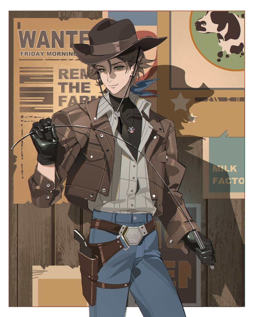 1boy, absurdres, blue_pants, brown_hair, brown_hat, brown_jacket, closed_mouth, cowboy