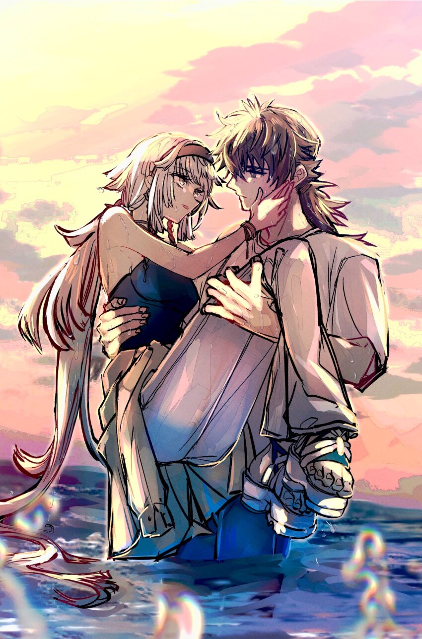 1boy, 1girl, alternate_costume, bare_shoulders, black_hair, blue_eyes, breasts, carrying