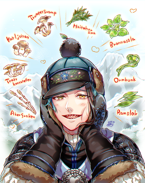 1boy, beanie, blue_hair, brown_eyes, doro_(sabarudoro), hands_on_own_face, hat, herb