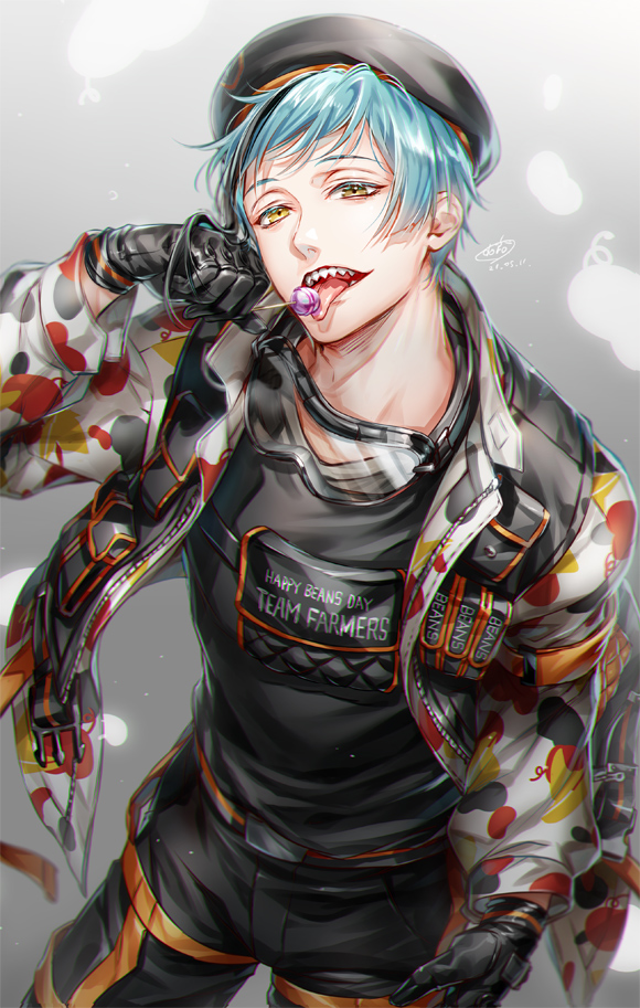 1boy, beret, black_gloves, blue_hair, brown_eyes, candy, cowboy_shot, doro_(sabarudoro)