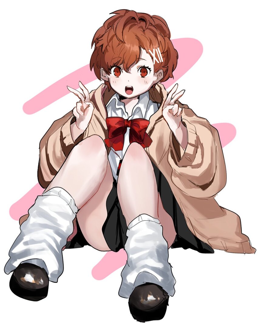 1girl, akaimo_(akaimokou), black_shoes, black_skirt, blush, bow, bowtie, brown_cardigan