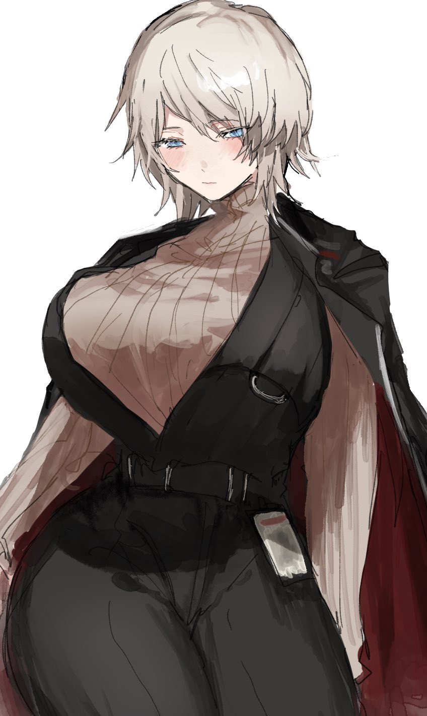 1girl, akaimo_(akaimokou), alternate_body_size, alternate_breast_size_(larger), belt, black_belt, black_coat, black_pants, black_vest, blush, breasts, brown_sweater, closed_mouth, coat, coat_on_shoulders, cowboy_shot, faust_(project_moon), highres, huge_breasts, id_card, limbus_company, looking_at_viewer, pants, project_moon, ribbed_sweater, solo, sweater, thick_thighs, thighs, vest