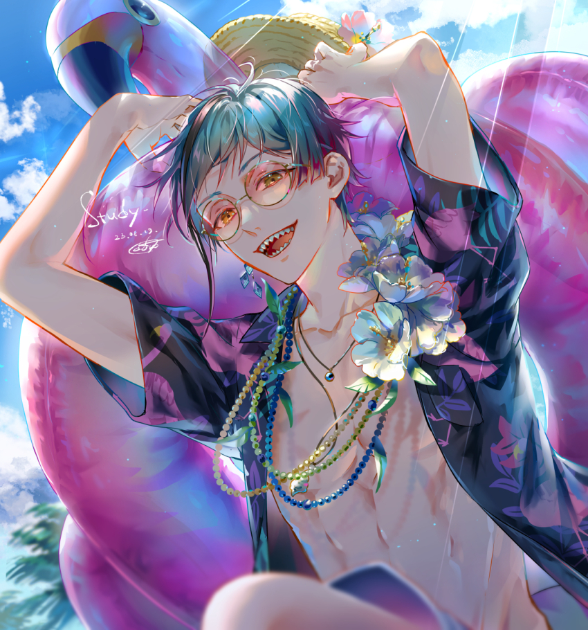 1boy, blue_hair, blue_sky, doro_(sabarudoro), flower, floyd_leech, floyd_leech_(tropical_wear), green_eyes