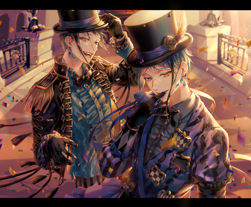2boys, black_bow, black_bowtie, black_gloves, black_jacket, blue_hair, bow, bowtie, brothers, brown_eyes, confetti, doro_(sabarudoro), epaulettes, floyd_leech, floyd_leech_(playful_attire), gloves, hat, heterochromia, highres, jacket, jade_leech, jade_leech_(playful_attire), looking_at_viewer, male_focus, multiple_boys, outdoors, sharp_teeth, short_hair, siblings, teeth, top_hat, twins, twisted_wonderland, upper_body, yellow_eyes