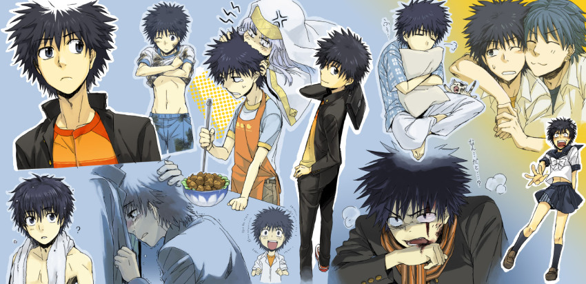 2boys, aogami_pierce, apron, biting, black_hair, blue_hair, cat, cooking