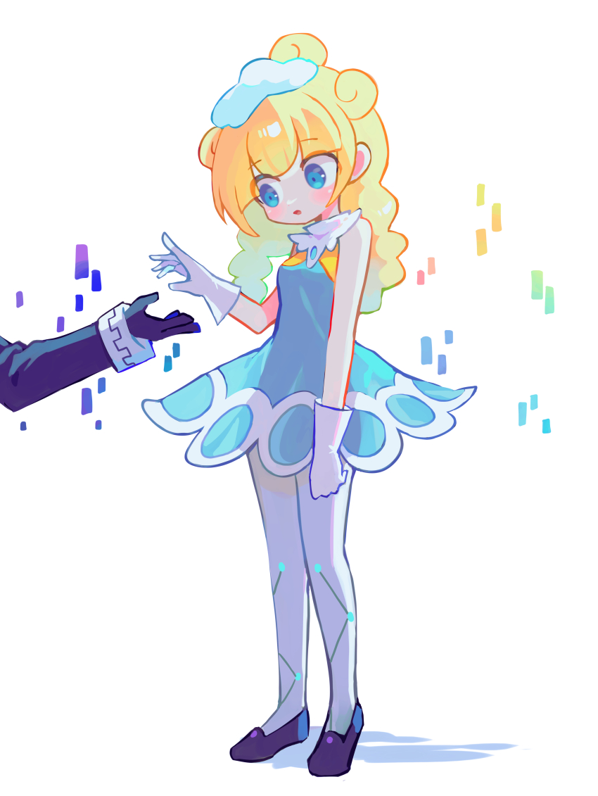 1boy, 1girl, absurdres, black_footwear, black_gloves, blonde_hair, disembodied_hand, gloves