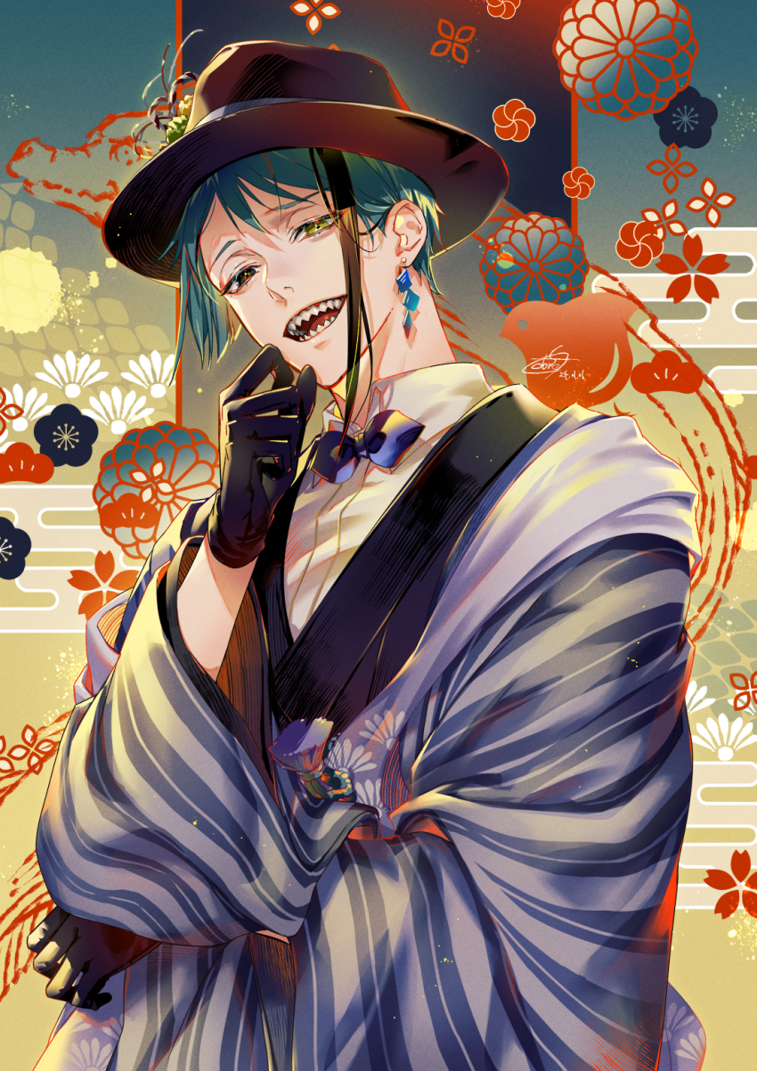 1boy, black_eyes, black_kimono, blue_hair, coat, doro_(sabarudoro), egasumi, gloves, gradient_background, grey_coat, haori, hat, heterochromia, highres, jade_leech, jade_leech_(new_year's_attire), japanese_clothes, kimono, looking_at_viewer, male_focus, sharp_teeth, short_hair, solo, teeth, twisted_wonderland, upper_body, yellow_background, yellow_eyes