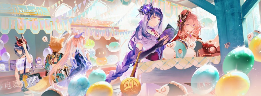 1boy, 4girls, alternate_costume, animal_ears, arm_up, back, bag, bare_arms