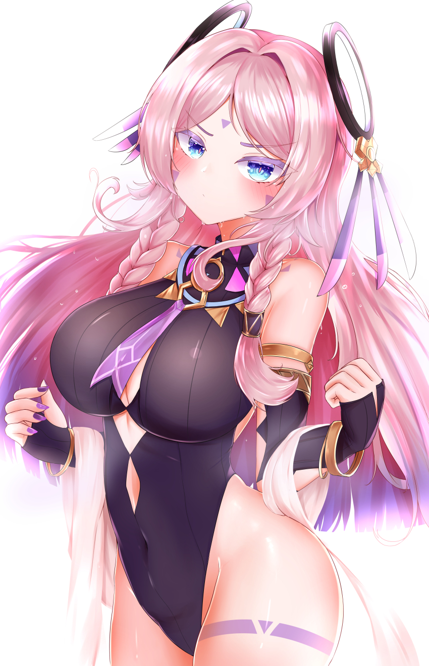 1girl, absurdres, armlet, bangle, bare_shoulders, black_leotard, blue_eyes, bracelet