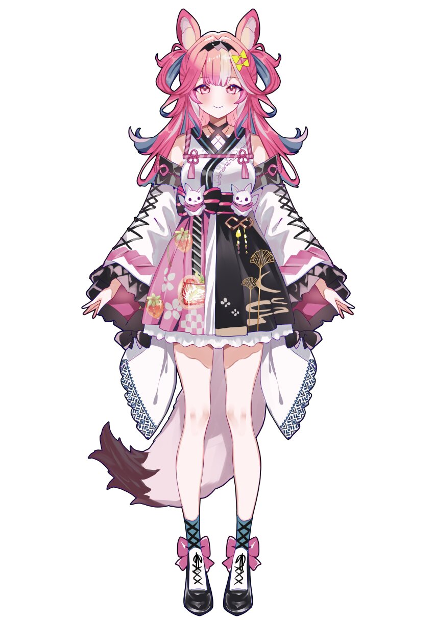 1girl, :>, a-pose, absurdres, animal_ears, black_footwear, black_skirt, blue_socks