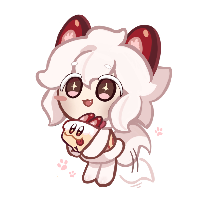 1girl, :3, animal, blush_stickers, cake, cake_hound, chibi, chibi_only
