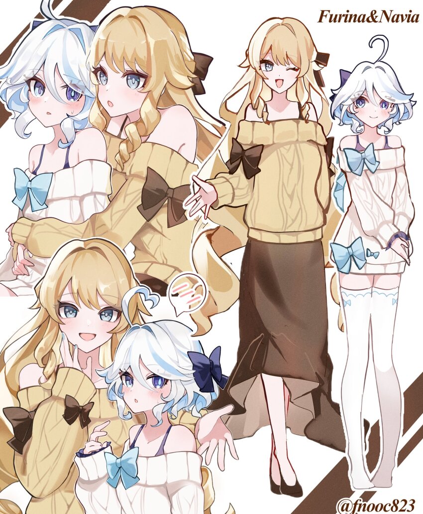 2girls, :d, ahoge, alternate_costume, bare_shoulders, black_bow, black_skirt, blonde_hair