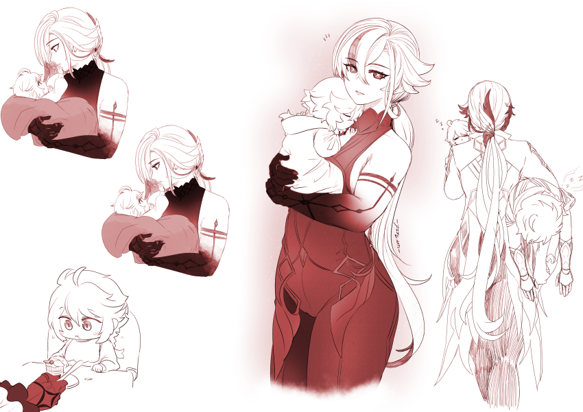 1girl, 2boys, absurdres, aepuru_arts, aether_(genshin_impact), arlecchino_(genshin_impact), carrying, carrying_person