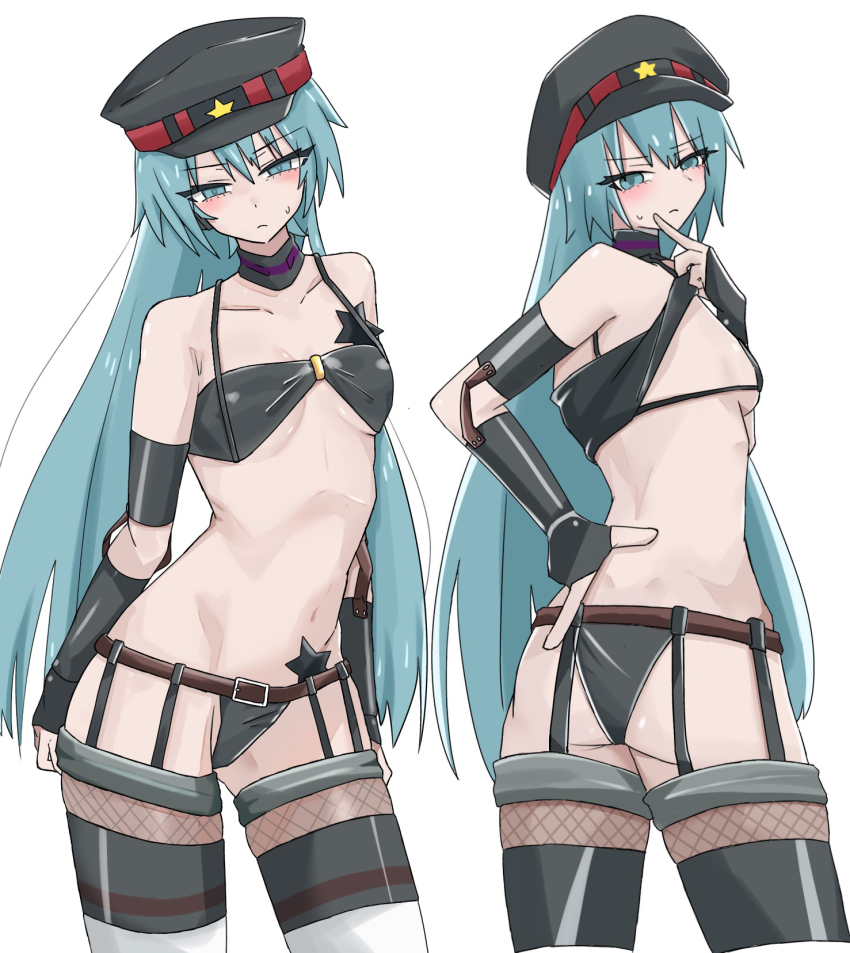 1girl, aqua_hair, belt, boco_deco, breasts, channel_(_caststation)_(style), detached_sleeves, elbow_gloves, fishnet_pantyhose, fishnet_thighhighs, fishnets, gloves, hatsune_miku, hatsune_miku_(punk_module), hatsune_miku_no_shoushitsu_(vocaloid), highres, long_hair, midriff, multiple_views, navel, pantyhose, small_breasts, star_(symbol), sweat, thighhighs, very_long_hair