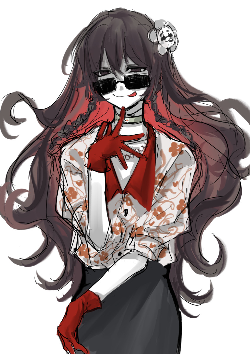 1girl, :p, absurdres, black_skirt, braid, brown_eyes, brown_hair, chinese_commentary