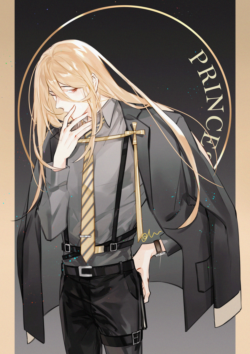 1boy, ;), absurdres, alternate_costume, azha8, belt, belt_buckle, black_background