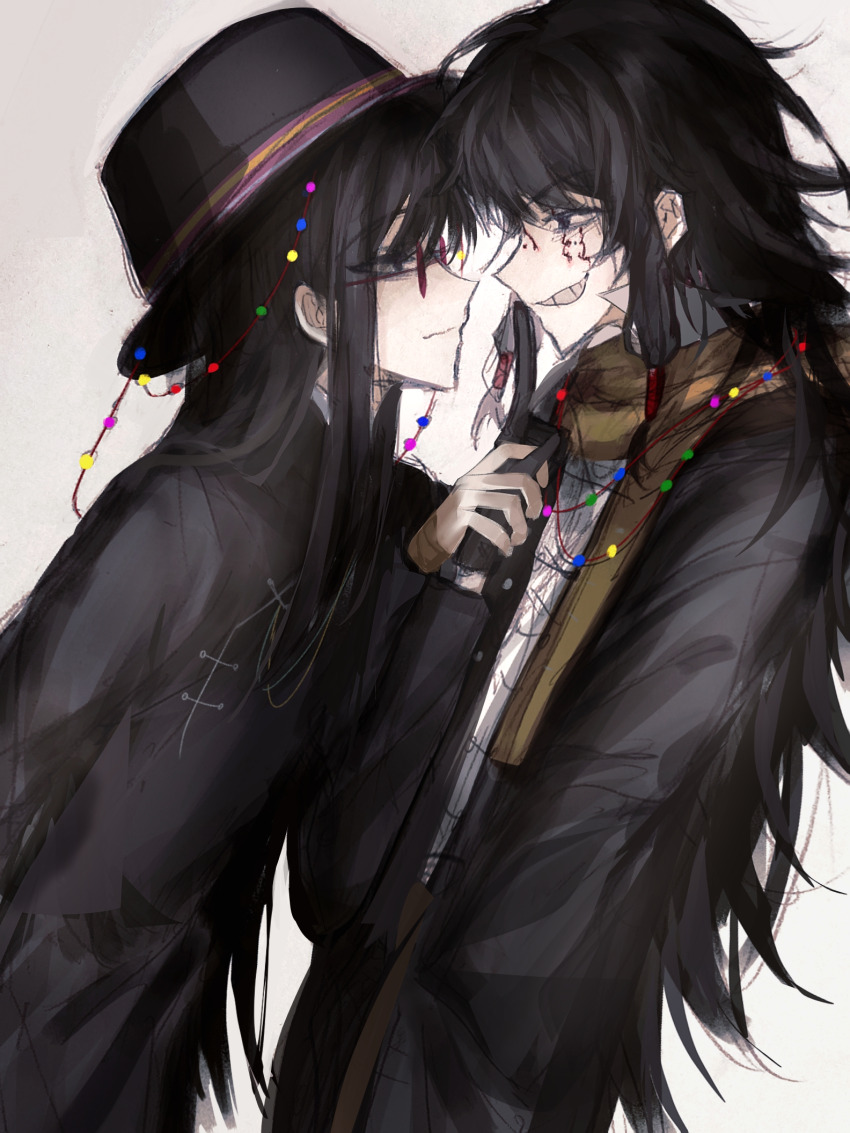 2boys, beads, black_gloves, black_hair, black_hat, closed_mouth, facial_tattoo, gloves