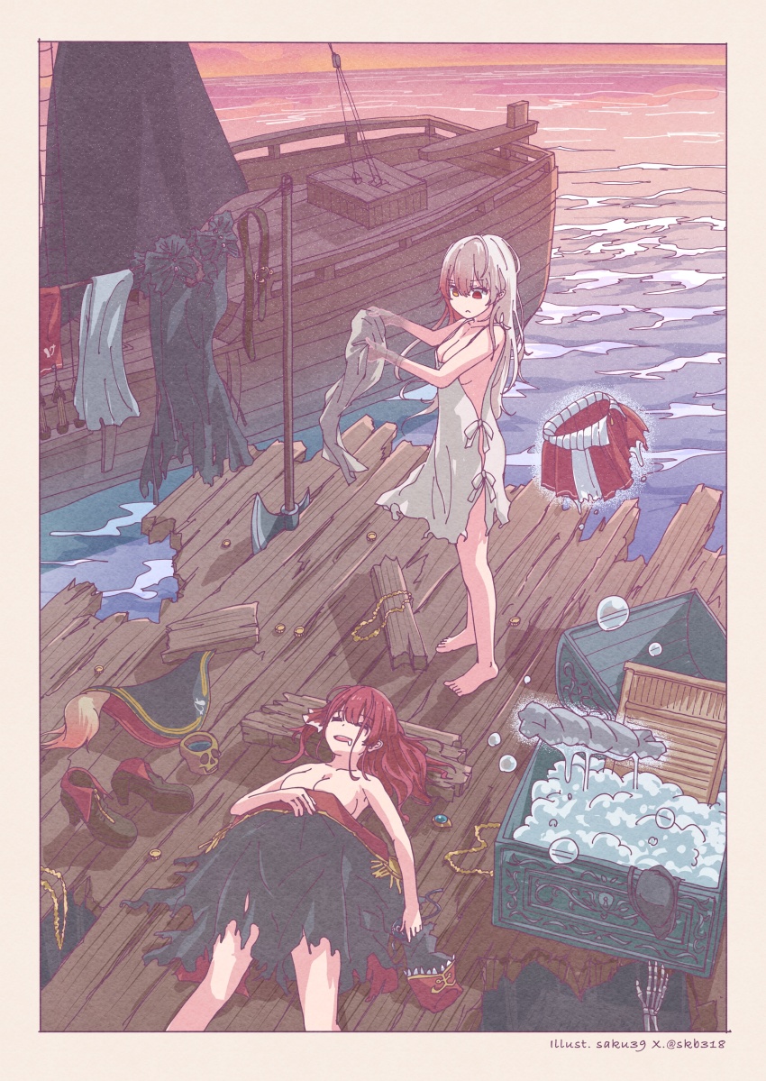 2girls, absurdres, barefoot, character_request, hat, highres, hololive, houshou_marine