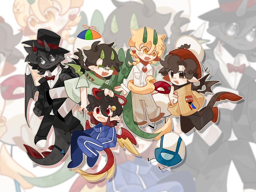 1other, 2boys, 2girls, beanie, black_jacket, black_pants, black_skin, blonde_hair, bobby_(quackity_smp), bow, bowtie, braid, brother_and_sister, brown_hair, chayanne, child, chinese_commentary, colored_skin, commentary_request, dapper_(quackity_smp), demon_boy, demon_horns, dragon_boy, dragon_girl, dragon_horns, dragon_tail, dragon_wings, dream_smp, duck_innertube, egg, explosive, formal_clothes, glasses, hair_ribbon, hardcore_heart, hat, highres, horns, innertube, jacket, juanaflippa, l'manberg_flag, long_hair, luoenwoaini, minecraft, minecraft_youtube, monster_boy, multiple_boys, multiple_girls, pants, personification, propeller_hat, quackity_smp, ramon_(quackity_smp), red_bow, red_bowtie, red_ribbon, ribbon, shirt, siblings, single_braid, sweater, tail, tallulah_(old_design)_(quackity_smp), tallulah_(quackity_smp), tilin, tnt, tnt_block_(minecraft), top_hat, trump_(quackity_smp), variant_set, white_eyes, white_shirt, wings, yellow_sweater, zoom_layer