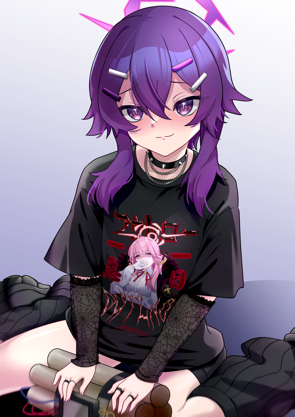 1girl, :3, alternate_costume, arm_warmers, blue_archive, blush, chain, choker, clothes_writing, commentary_request, explosive, hair_between_eyes, hair_ornament, hairclip, halo, haruka_(blue_archive), highres, leg_warmers, long_hair, looking_at_viewer, niu, punk, purple_eyes, purple_hair, shirt, shoes, shorts, sitting, smile, smug, solo, spiked_choker, spikes